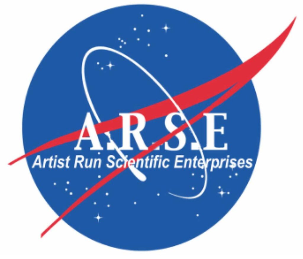 Logo of artist run scientific enterprises (arse) featuring a red swoosh and white text on a blue circular background with stars.