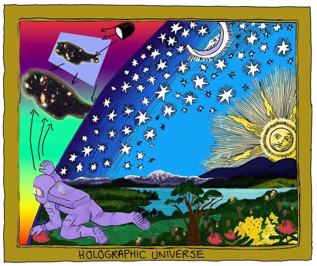 Colorful illustration depicting a person in a spacesuit crawling toward a vibrant landscape under a star-filled sky, titled Colorful illustration depicting a person in a spacesuit crawling toward a vibrant landscape under a star-filled sky, titled