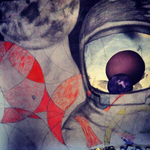 Drawing of an astronaut with planets reflected in their helmet, abstract red fish shapes, and geometric patterns in the background.