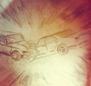 Pencil drawing of a head-on car crash, showing two vehicles colliding with visible damage to their front ends and sketch lines suggesting impact.