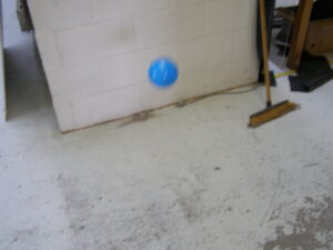 A blue ball appears to be bouncing in a room with white painted brick walls and concrete floors; a broom leans against the wall.