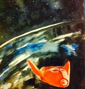 Painting of a red spacecraft orbiting a planet with a dark sky and stars in the background.