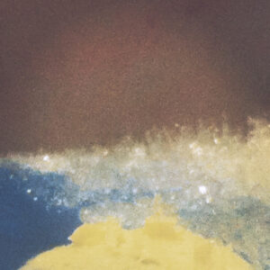 Abstract image with a brown upper section, a blue and white middle band resembling waves, and a yellow area at the bottom.