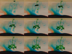 Nine-panel sequence shows green ink diffusing into water, forming swirling patterns, with blue and orange hues appearing in the background.