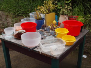 A wooden table outdoors holds plastic containers, bowls, cups, saucers, and various potted plants, with grass and a brick wall in the background.