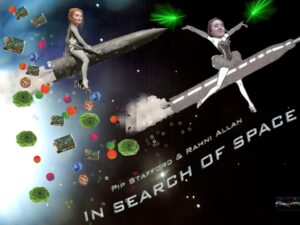 Two people with human faces ride rockets in space surrounded by floating objects, shooting green lasers. Text reads: “Pip Stafford & Rahni Allan In Search of Space.”.